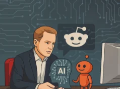 Reddit celebra su 20° aniversario con nuevas herramientas de inteligencia artificial Ilustración digital profesional de un hombre de traje sentado en una oficina, sosteniendo una figura en forma de cabeza con un símbolo de inteligencia artificial (AI) y circuitos. Frente a él, un robot naranja sonriente con forma similar al logo de Reddit. Al fondo, un gran icono del alienígena de Reddit dentro de un bocadillo, sobre un fondo azul oscuro con patrones de circuitos tecnológicos. A la derecha, un monitor y teclado completan la escena tecnológica.