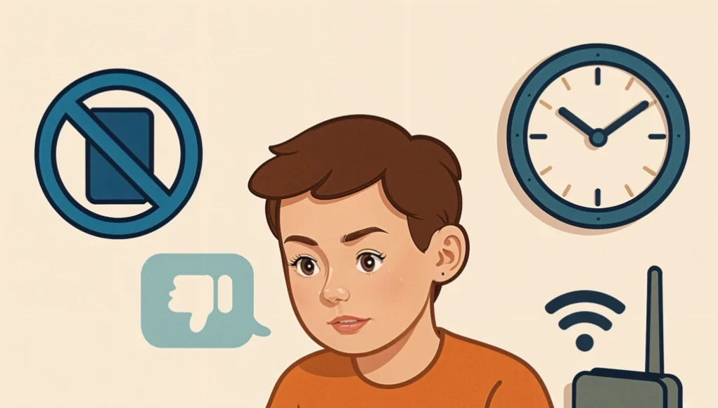 Ilustración de una persona usando un ordenador portátil mientras presiona un botón sobre la mesa, con iconos alrededor que representan una señal Wi-Fi, una restricción de móviles, un símbolo de 'no me gusta' y un reloj indicando una posible gestión del tiempo o control parental de acceso a redes sociales.