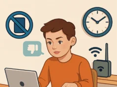 Desarrollador combate la adicción digital con un botón inteligente para controlar el acceso a redes sociales Ilustración de una persona usando un ordenador portátil mientras presiona un botón sobre la mesa, con iconos alrededor que representan una señal Wi-Fi, una restricción de móviles, un símbolo de 'no me gusta' y un reloj indicando una posible gestión del tiempo o control parental de acceso a redes sociales.