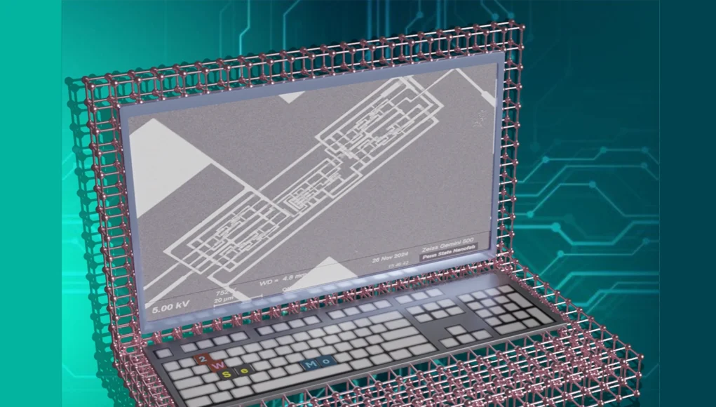 Ilustración conceptual de un portátil construido con estructuras atómicas simuladas, mostrando una red de átomos tipo celosía formando la carcasa. En la pantalla se muestra una imagen microscópica de un circuito electrónico con el texto "Penn State Nanofab" y "Zeiss Gemini 500". El fondo es azul con patrones de circuitos impresos.