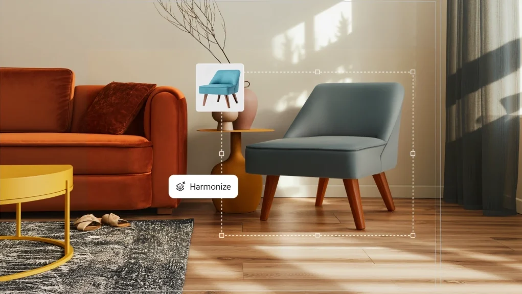 Vista de una sala de estar con un sillón azul grisáceo en primer plano, resaltado por un recuadro con esquinas ajustables y el botón "Harmonize". Encima del sillón aparece una imagen flotante de la misma silla en color turquesa, representando una herramienta de edición visual para armonizar colores en entornos decorativos.