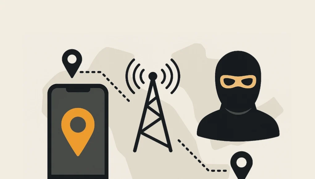 Ilustración digital en estilo plano que representa un ataque de rastreo mediante red celular. Muestra un teléfono móvil con un icono de geolocalización, una torre de telecomunicaciones emitiendo señales, y la silueta de una figura enmascarada, todos conectados por líneas punteadas que simbolizan el seguimiento de ubicación. El fondo sugiere un mapa estilizado de Oriente Medio.