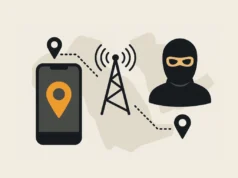 Empresa de vigilancia explota nuevo ataque SS7 para rastrear ubicaciones de teléfonos móviles Ilustración digital en estilo plano que representa un ataque de rastreo mediante red celular. Muestra un teléfono móvil con un icono de geolocalización, una torre de telecomunicaciones emitiendo señales, y la silueta de una figura enmascarada, todos conectados por líneas punteadas que simbolizan el seguimiento de ubicación. El fondo sugiere un mapa estilizado de Oriente Medio.
