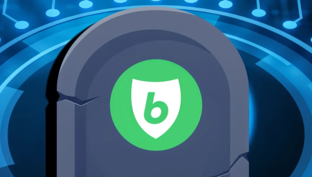 Tumba digital con el logo de BulletVPN en el centro, representando el cierre del servicio o de suscripciones de por vida, sobre un fondo azul con circuitos tecnológicos.