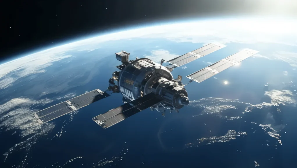 Satélite artificial con paneles solares desplegados orbitando la Tierra, con el planeta azul visible al fondo y la luz solar iluminando el borde de la atmósfera.