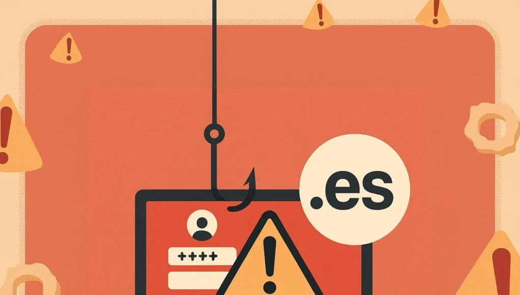 Ilustración de ciberseguridad que muestra un portátil con una alerta de peligro en la pantalla, un formulario de inicio de sesión y el dominio “.es”. Un anzuelo de phishing cuelga desde arriba, simbolizando un intento de robo de datos en dominios españoles. El fondo contiene múltiples iconos de advertencia.
