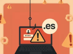 ¡Alerta! Los dominios .es disparan su uso para phishing en un 1900% Ilustración de ciberseguridad que muestra un portátil con una alerta de peligro en la pantalla, un formulario de inicio de sesión y el dominio “.es”. Un anzuelo de phishing cuelga desde arriba, simbolizando un intento de robo de datos en dominios españoles. El fondo contiene múltiples iconos de advertencia.