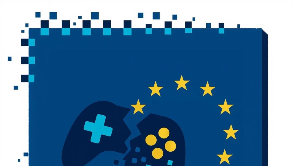 Ilustración vectorial minimalista de un mando de videojuego azul oscuro partido en dos, cuyos fragmentos se desintegran en píxeles; a la derecha, el mando está rodeado por un círculo de doce estrellas amarillas que representan la Unión Europea, todo sobre un fondo azul con bordes también pixelados.