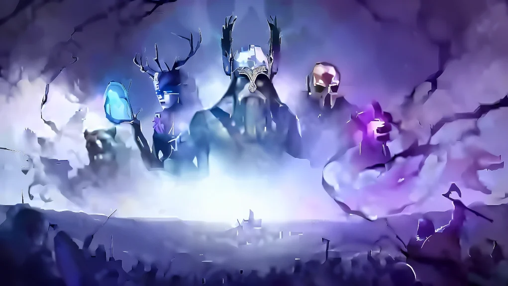 Ilustración de estilo fantástico que muestra cuatro figuras imponentes y enmascaradas emergiendo entre nubes moradas y azuladas, cada una con una pose poderosa y un aura mágica; una sostiene un cristal azul brillante, otra proyecta energía púrpura, evocando una atmósfera épica y misteriosa, similar al arte promocional de videojuegos tipo Final Fantasy.