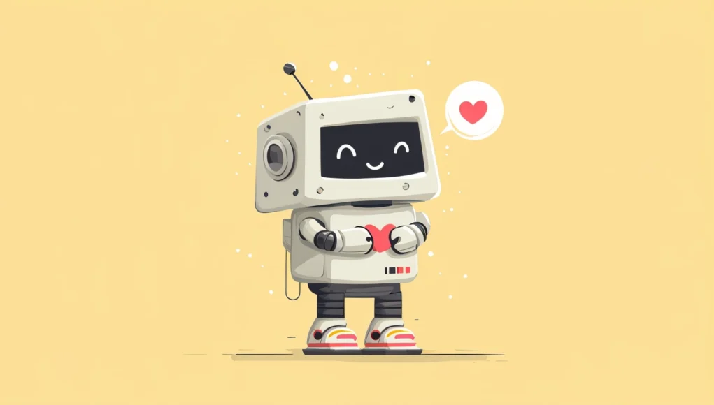 Ilustración vectorial de un pequeño robot retro con pantalla sonriente que abraza un corazón rojo, acompañado de un globo de diálogo con un icono de corazón sobre un fondo beige claro.