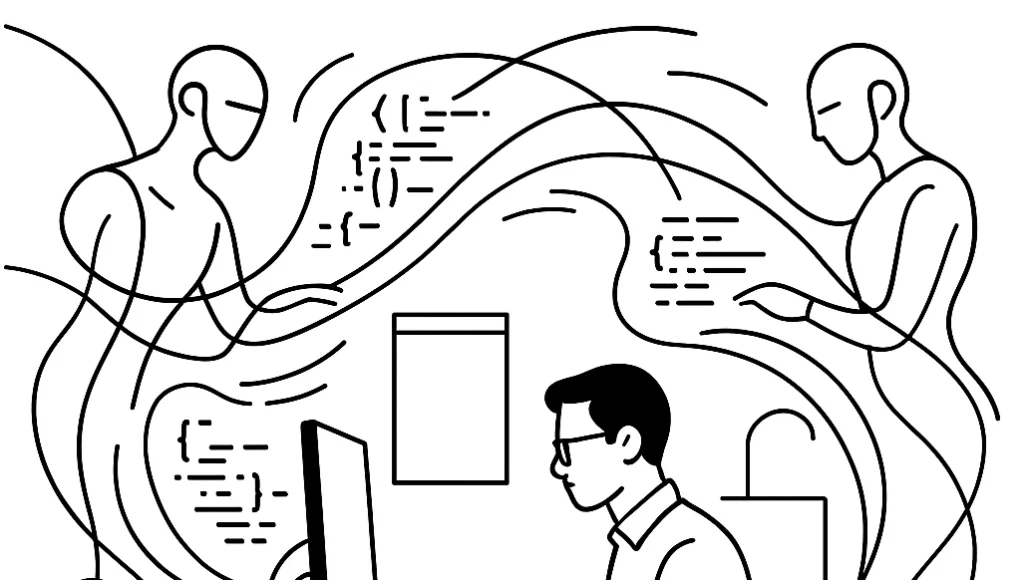 Ilustración en blanco y negro, estilo minimalista de líneas finas, que muestra a un ingeniero de software sentado frente a su ordenador en una oficina sobria. A su alrededor flotan tres figuras etéreas que representan agentes de inteligencia artificial, dibujadas con líneas curvas, mientras escriben líneas de código que giran en el aire.