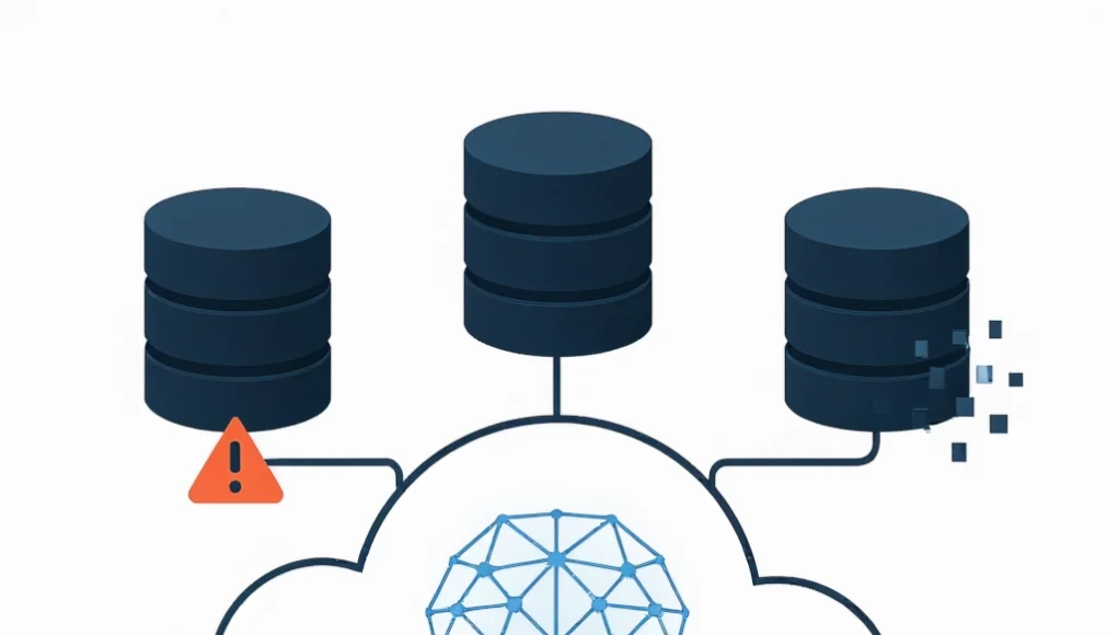 Ilustración digital en tonos claros que representa una red de bases de datos conectadas a una nube central con un cerebro artificial iluminado en su interior, simbolizando inteligencia artificial. Algunas bases de datos muestran iconos de advertencia o pérdida de datos, indicando errores o riesgos de seguridad.