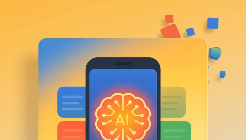 Un estilo limpio y colores vibrantes para reflejar el protagonismo de la IA en la experiencia móvil, mientras las tarjetas semitransparentes al fondo sugieren el desplazamiento de las fuentes originales