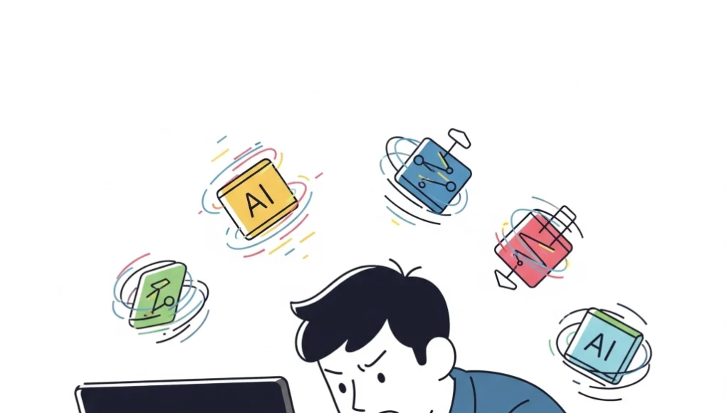 Ilustración de un desarrollador de software con expresión de frustración, sentado frente a un ordenador. Alrededor de su cabeza flotan varios iconos que representan inteligencia artificial, algunos de ellos con un efecto de "ralentización" o "atasco", sugiriendo ineficiencia o problemas.