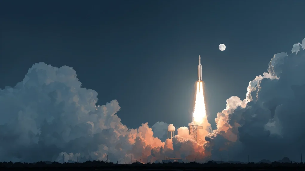 Lanzamiento nocturno de un cohete espacial iluminando el cielo entre densas nubes, con la luna visible al fondo. La escena transmite un momento épico de exploración y avance tecnológico.