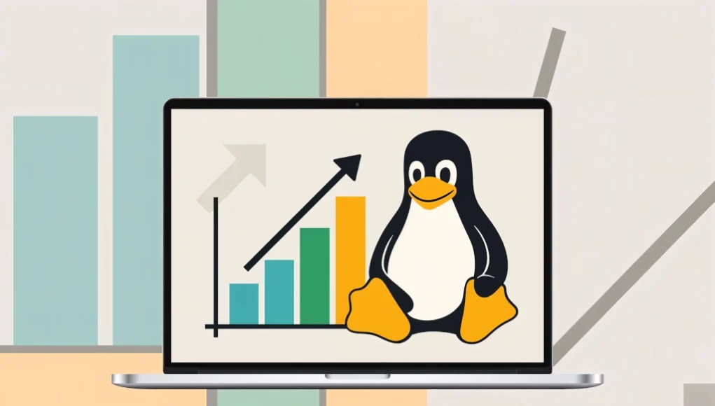 Ilustración en estilo plano que muestra al pingüino Tux, la mascota de Linux, junto a un gráfico de barras en ascenso que representa el crecimiento de la cuota de mercado del escritorio Linux. Las barras tienen distintos colores y un gran flecha negra apuntando hacia arriba enfatiza la tendencia positiva.