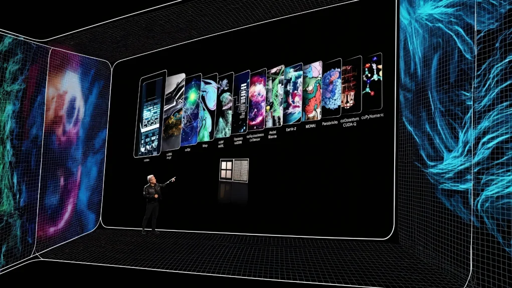 Nvidia Mercado Presentación tecnológica con un ejecutivo de Nvidia señalando una pantalla gigante que muestra distintas aplicaciones de inteligencia artificial y computación, como cuOpt, Warp, Earth-2, MONAI y cuQuantum, representadas con ilustraciones visuales futuristas.