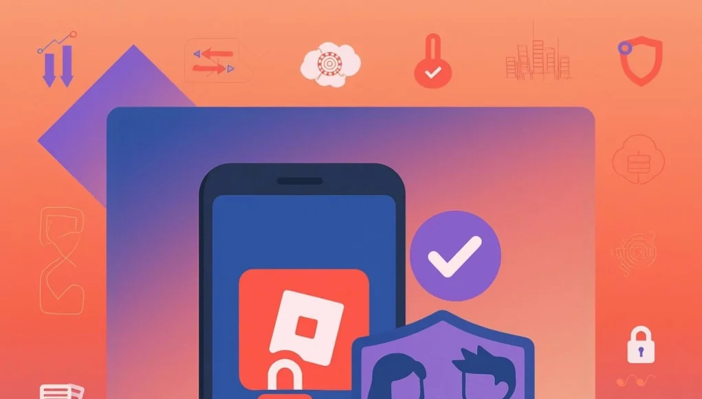 Un teléfono móvil con un candado en pantalla, acompañado por un escudo que muestra a dos figuras juveniles dándose la mano, simbolizando protección infantil o control parental. Fondo con gradientes naranjas y violetas, decorado con iconos relacionados con seguridad y tecnología.