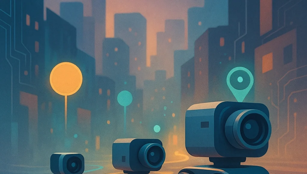 Tres robots con forma de cámaras sobre ruedas desplazándose por un circuito digital iluminado en una ciudad futurista. El fondo muestra rascacielos desenfocados y señales de geolocalización flotando en el aire.