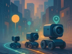 Roboflow lanza tres nuevos tamaños de RF‑DETR para potenciar robots con visión en tiempo real Tres robots con forma de cámaras sobre ruedas desplazándose por un circuito digital iluminado en una ciudad futurista. El fondo muestra rascacielos desenfocados y señales de geolocalización flotando en el aire.