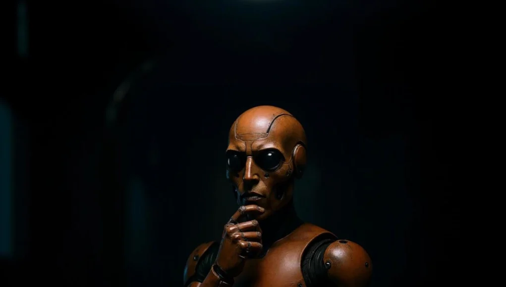 Humanoide robótico de color cobre oscuro en una pose pensativa, iluminado por una luz tenue en un entorno oscuro, evocando autoconciencia e introspección artificial.