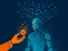 El “momento ChatGPT” de la robótica está cerca: ¿llegarán los robots de propósito general? Lámina vectorial en tonos azul y naranja: un robot translúcido emerge de una cinta transportadora mientras una red de circuitos se expande sobre su cabeza. Una mano humana le ofrece una tuerca luminosa que se desintegra en píxeles, símbolo de la fusión entre IA y trabajo industrial.