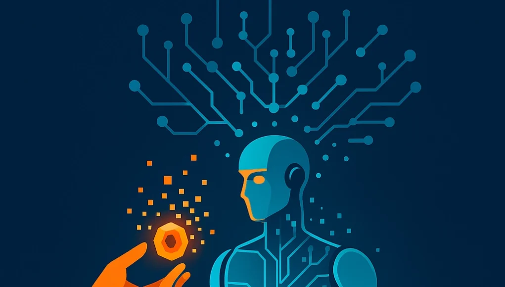 Lámina vectorial en tonos azul y naranja: un robot translúcido emerge de una cinta transportadora mientras una red de circuitos se expande sobre su cabeza. Una mano humana le ofrece una tuerca luminosa que se desintegra en píxeles, símbolo de la fusión entre IA y trabajo industrial.