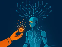 El “momento ChatGPT” de la robótica está cerca: ¿llegarán los robots de propósito general? Lámina vectorial en tonos azul y naranja: un robot translúcido emerge de una cinta transportadora mientras una red de circuitos se expande sobre su cabeza. Una mano humana le ofrece una tuerca luminosa que se desintegra en píxeles, símbolo de la fusión entre IA y trabajo industrial.