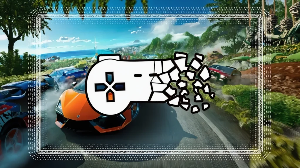 Un videojuego de carreras con autos deportivos corriendo por una carretera tropical, sobre la cual se superpone un icono de control de videojuego fragmentándose en piezas, simbolizando la desaparición o eliminación de juegos. La imagen transmite la idea de videojuegos que están siendo descontinuados o retirados.