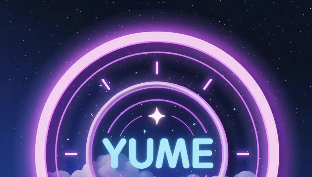 Logo circular futurista con bordes rosados brillantes y fondo estrellado, que muestra la palabra "YUME" en el centro con letras azules sobre nubes suaves y resplandor violeta, evocando una atmósfera onírica y tecnológica.