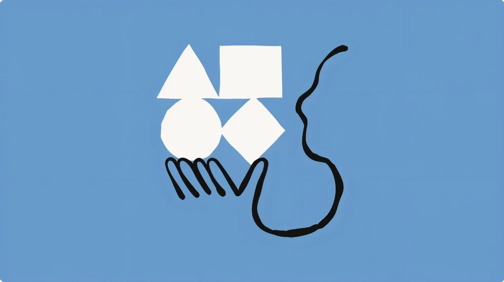 Ilustración minimalista sobre fondo azul que muestra una silueta de perfil humano observando una mano que sostiene varias figuras geométricas blancas (círculo, triángulo, cuadrado y rombo), simbolizando el procesamiento cognitivo o la interpretación de conceptos abstractos.