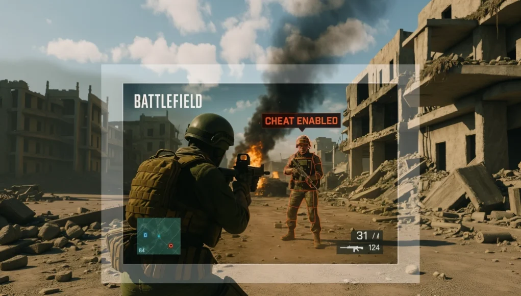 Captura de pantalla de un videojuego tipo shooter ambientado en un escenario bélico urbano con edificios en ruinas. En primer plano, un soldado armado apunta a un enemigo que aparece resaltado con un contorno rojo y la etiqueta “CHEAT ENABLED”, indicando el uso de trampas o hacks para detectar rivales. En la esquina inferior izquierda se ve un minimapa, y en la parte inferior derecha, el contador de munición y arma equipada.