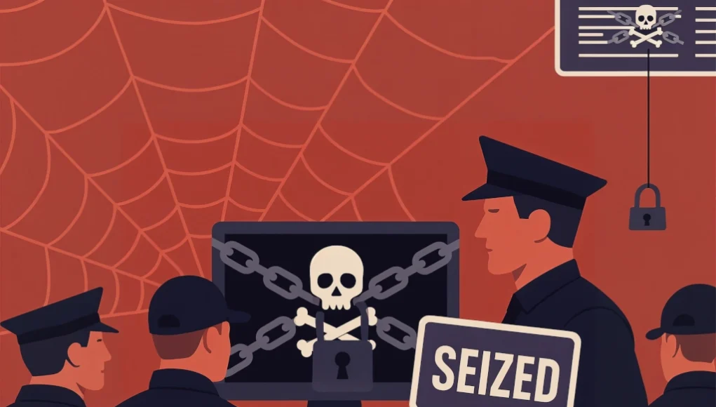 Ilustración digital en estilo plano que muestra a varios agentes del FBI y un oficial de policía frente a pantallas de ordenador con un icono de calavera y huesos cruzados encadenado con un candado, simbolizando la incautación de sistemas relacionados con cibercrimen. Uno de los agentes sostiene un cartel con la palabra “SEIZED” (incautado). El fondo es rojo con un gran diseño de telaraña y pequeños candados, representando la red criminal desmantelada.