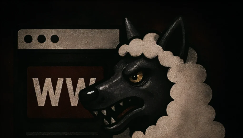 Ilustración digital de estilo oscuro que muestra a un lobo con expresión amenazante disfrazado con piel de oveja, delante de una ventana de navegador con las letras “WWW”. La imagen representa el peligro de restringir el acceso abierto a Internet mediante sistemas de autenticación centralizados, como los “agentes firmados”.