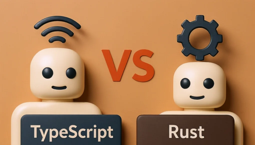 Ilustración digital semi-realista de dos figuras con apariencia de muñecos, una a la izquierda con un icono de señal inalámbrica en la cabeza y un panel con el texto 'TypeScript' y líneas de código de colores, y otra a la derecha con un engranaje en la cabeza y un panel con el texto 'Rust' y líneas de código similares. Entre ambas figuras aparece la palabra 'VS' en color naranja sobre un fondo marrón claro.