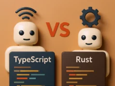 GPT-5 vs Claude 4 Sonnet: comparativa en codificación agéntica compleja Ilustración digital semi-realista de dos figuras con apariencia de muñecos, una a la izquierda con un icono de señal inalámbrica en la cabeza y un panel con el texto 'TypeScript' y líneas de código de colores, y otra a la derecha con un engranaje en la cabeza y un panel con el texto 'Rust' y líneas de código similares. Entre ambas figuras aparece la palabra 'VS' en color naranja sobre un fondo marrón claro.