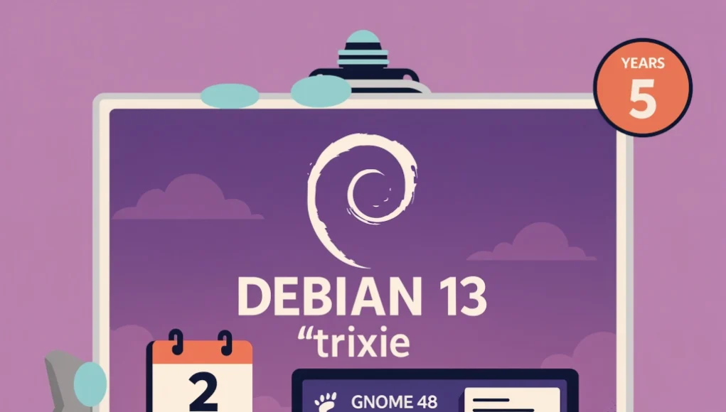 Ilustración digital con fondo morado que anuncia el lanzamiento de Debian 13 “trixie”. En el centro se muestra el logotipo en espiral de Debian, acompañado del texto “DEBIAN 13 ‘trixie’”. A la izquierda, un calendario con “2 Years” y un escudo con “5 Years”. A la derecha, un monitor que lista entornos de escritorio: GNOME 48, KDE Plasma 6.3, LXDE 13, LXQt 2.1.0 y Xfce 4.20, junto a iconos de servidores. La imagen está enmarcada y sostenida por manos estilizadas.