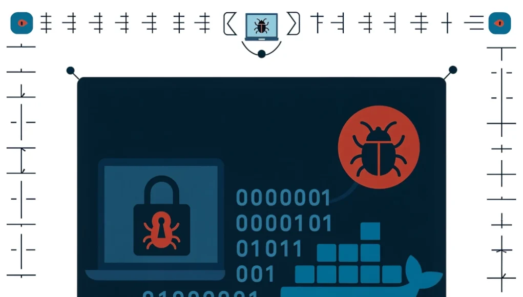 Un ataque de ciberseguridad en contenedores Docker. A la izquierda, un portátil con un candado que contiene un insecto rojo simboliza un backdoor. A la derecha, el logo de Docker con forma de ballena y contenedores apilados recibe una cadena de números binarios, mientras un icono de insecto rojo aparece sobre él. El fondo es azul oscuro y la composición transmite la idea de malware persistente en imágenes de Docker.