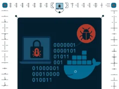Backdoor XZ Utils permanece en imágenes Docker más de un año después del descubrimiento Un ataque de ciberseguridad en contenedores Docker. A la izquierda, un portátil con un candado que contiene un insecto rojo simboliza un backdoor. A la derecha, el logo de Docker con forma de ballena y contenedores apilados recibe una cadena de números binarios, mientras un icono de insecto rojo aparece sobre él. El fondo es azul oscuro y la composición transmite la idea de malware persistente en imágenes de Docker.