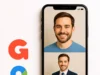 Google lanza nueva herramienta de edición de imágenes con IA en Gemini Teléfono móvil mostrando dos retratos del mismo hombre: en la parte superior, viste una camiseta azul y sonríe; en la parte inferior, lleva un traje azul marino con corbata, manteniendo la misma expresión y rostro. A la izquierda del teléfono aparecen los logotipos de Google DeepMind con un fondo blanco.