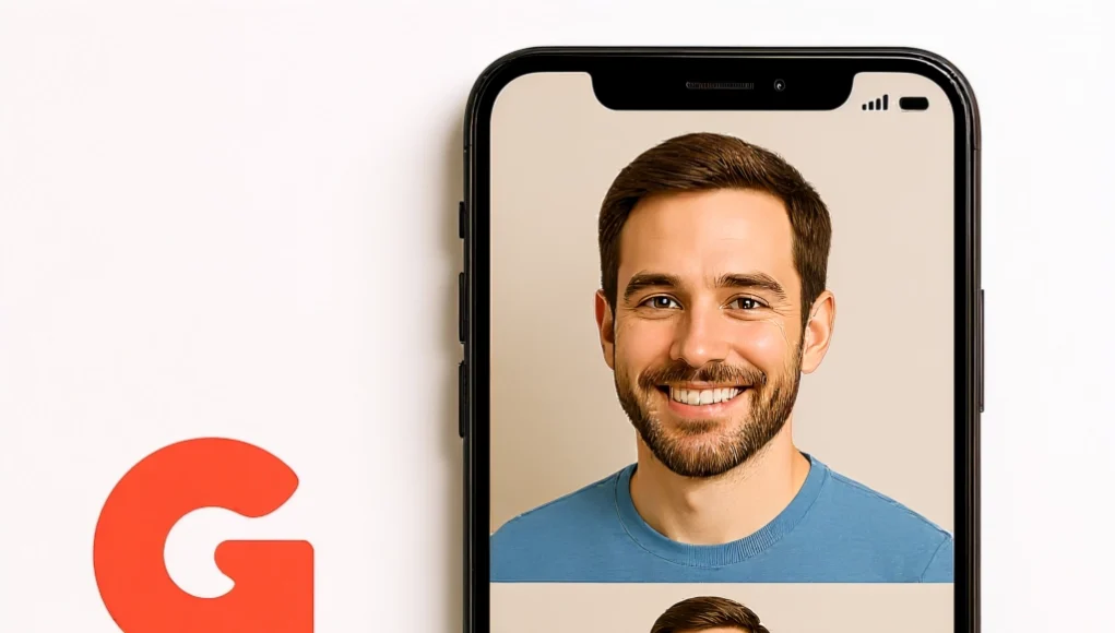 Teléfono móvil mostrando dos retratos del mismo hombre: en la parte superior, viste una camiseta azul y sonríe; en la parte inferior, lleva un traje azul marino con corbata, manteniendo la misma expresión y rostro. A la izquierda del teléfono aparecen los logotipos de Google DeepMind con un fondo blanco.