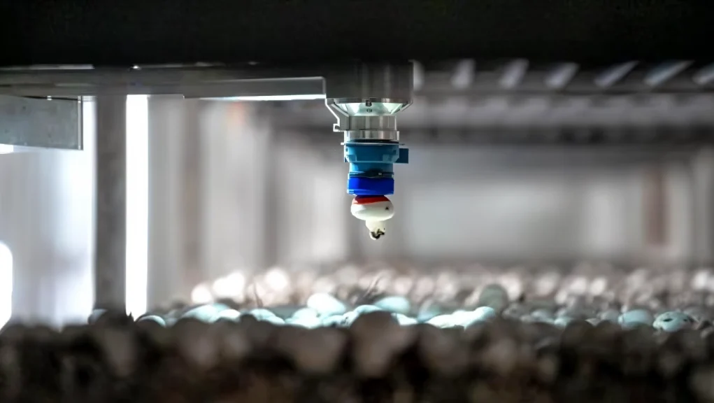 Brazo robótico con ventosa recogiendo un champiñón en una granja de cultivo. El dispositivo mecánico cuelga del techo y utiliza succión para manipular el hongo, mientras en el fondo se observa una hilera difusa de otros champiñones en crecimiento.