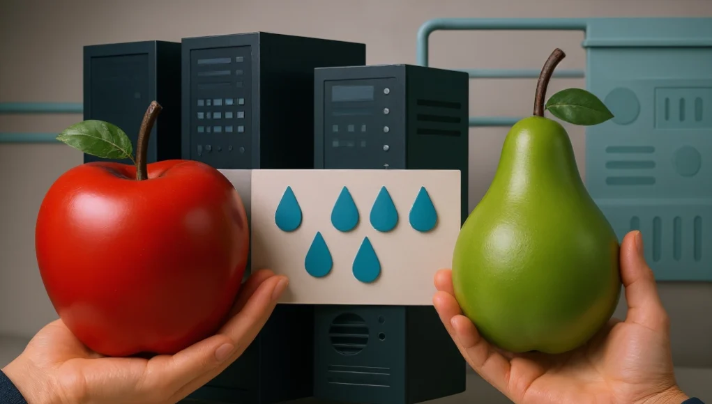 Dos manos sostienen una manzana roja y una pera verde frente a varios servidores, con una tarjeta en el centro que muestra gotas de agua azules en fila, representando una comparación simbólica del consumo de recursos.
