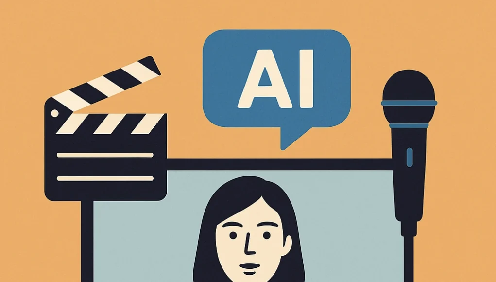 Ilustración digital en estilo plano que representa el uso de inteligencia artificial en la creación multimedia. Una mujer aparece en la pantalla de un monitor, con una forma de onda de voz debajo. Sobre ella hay un globo de diálogo con las letras 'AI'. A la izquierda, una claqueta de cine y a la derecha, un micrófono clásico, todo sobre un fondo naranja cálido.