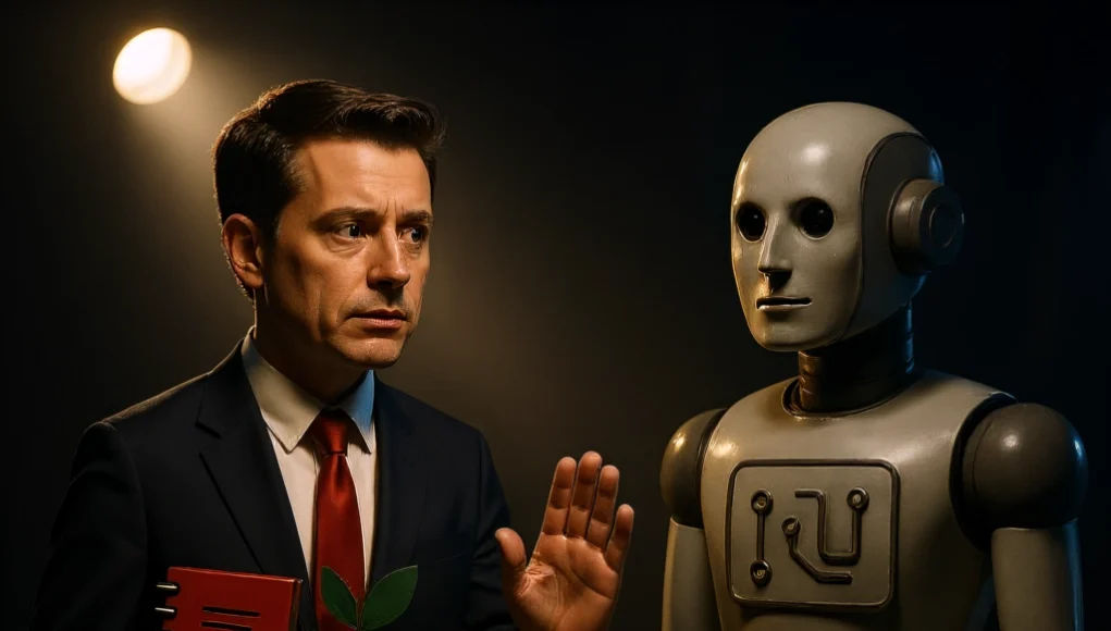 Un hombre de negocios con traje sostiene una caja de cartón con objetos de oficina y levanta la mano en señal de detener a un robot humanoide frente a él, bajo un foco de luz dramático.