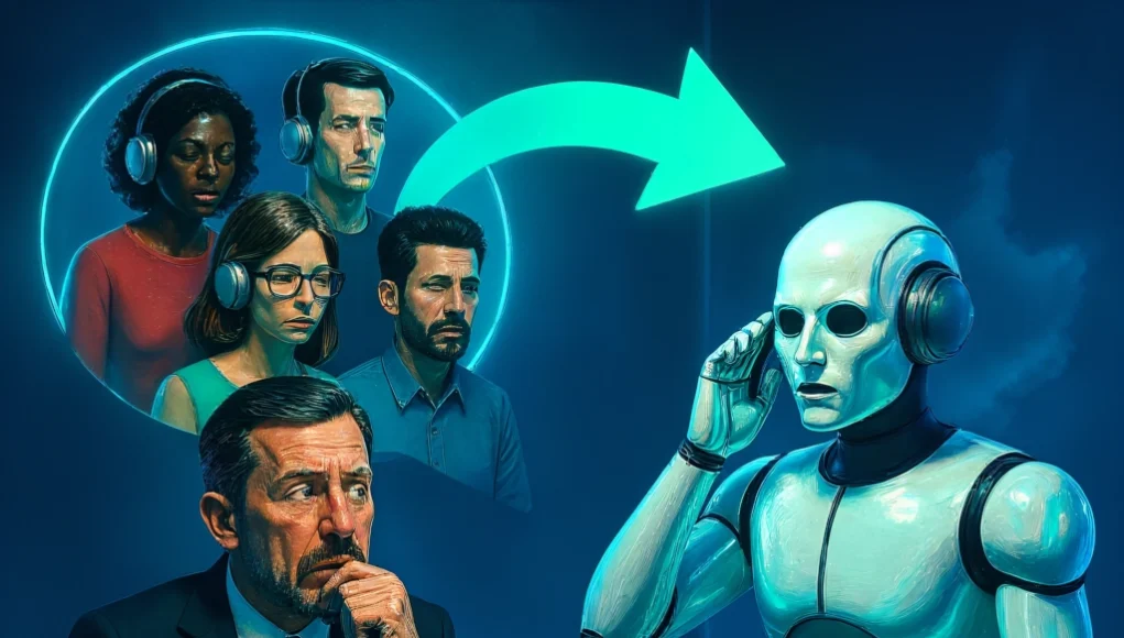 Una escena simbólica en la que un robot humanoide con auriculares reemplaza a un grupo de personas en una tarea de atención o comunicación, mientras un hombre trajeado lo observa con preocupación desde su escritorio. La flecha que conecta a los empleados con la inteligencia artificial sugiere un reemplazo directo, transmitiendo visualmente el impacto de la automatización en el trabajo humano, especialmente en áreas como el soporte al cliente. La atmósfera azulada y la expresión del hombre subrayan el desconcierto o temor ante este cambio tecnológico.