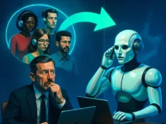 Klarna prioriza contratar personal de nuevo tras hacer recortes masivos por IA Una escena simbólica en la que un robot humanoide con auriculares reemplaza a un grupo de personas en una tarea de atención o comunicación, mientras un hombre trajeado lo observa con preocupación desde su escritorio. La flecha que conecta a los empleados con la inteligencia artificial sugiere un reemplazo directo, transmitiendo visualmente el impacto de la automatización en el trabajo humano, especialmente en áreas como el soporte al cliente. La atmósfera azulada y la expresión del hombre subrayan el desconcierto o temor ante este cambio tecnológico.