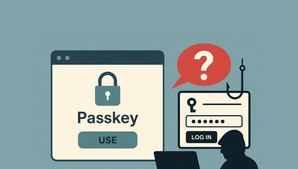 Ilustración conceptual de un ataque de phishing que compromete la autenticación con passkey. A la izquierda, una interfaz de inicio de sesión segura con un candado y la palabra 'Passkey'. A la derecha, un hacker a la sombra frente a un portátil, conectado mediante un anzuelo a una pantalla de inicio de sesión falsa con un icono de llave y una burbuja de interrogación roja, simbolizando el engaño.