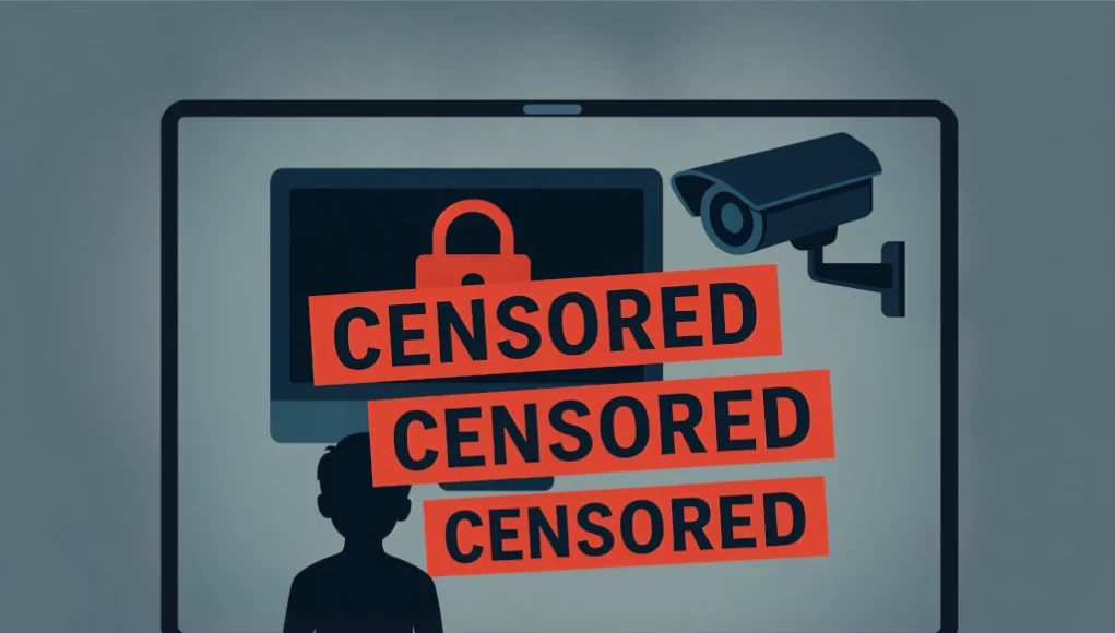Reino Unido Privacidad Ilustración simbólica de la censura en internet. Un niño en silueta observa una pantalla de ordenador gigante con un candado rojo, una cámara de vigilancia y varias franjas rojas superpuestas con la palabra "CENSORED" (censurado). La imagen transmite una sensación de vigilancia, restricción y control digital.
