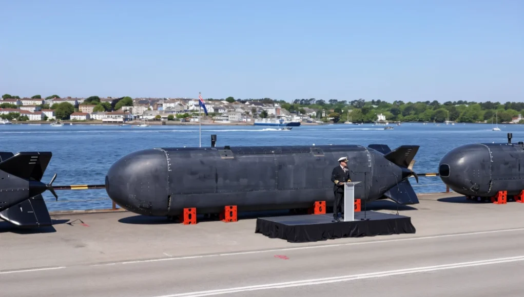 Un prototipo de submarino no tripulado (UUV) presentado oficialmente en un acto militar, con un oficial de la marina británica dando un discurso frente a la unidad. El vehículo, de diseño compacto y aerodinámico, está expuesto junto al mar sobre soportes naranjas, destacando su uso potencial en misiones submarinas de vigilancia, reconocimiento o guerra electrónica sin necesidad de tripulación humana.